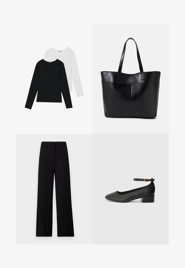 Divi ilgiem piedurknēm tops, viens melns un otrs balts, abiem ir kvadrāta izgriezums un tie ir izgatavoti no mīksta, elastīga auduma.; Melni plati bikses, kas izgatavotas no gludas auduma, ar plakanu priekšpusi un tīru jostasvietu ar jostu cilpām, bez redzamām kabatām vai rotājumiem.; Melnas ādas sūkņi ar smailu purngalu un zemu bloku papēdi. Iezīmēts ar potītes siksniņu ar zelta krāsas sprādzi. Gluda tekstūra.; Melnas ādas iepirkumu soma ar divām garām rokturām, gludu tekstūru un strukturētu formu. Iekļauj priekšējo kabatu papildu uzglabāšanai.