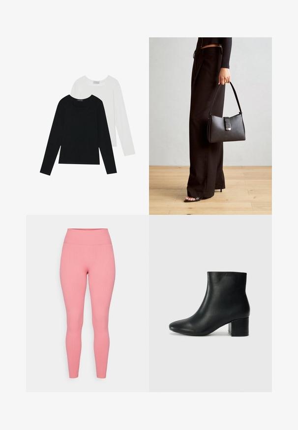 Due magliette a maniche lunghe, una nera e una bianca, entrambe con scollo quadrato e realizzate in un tessuto morbido e elasticizzato.; Collant rosa a coste con una cintura alta ed elastica. Tessuto liscio con una vestibilità aderente, adatti per l'abbigliamento sportivo o casual.; Stivali neri in pelle fino alla caviglia con punta appuntita e tacco spesso. Texture liscia con minimi dettagli e un design elegante e aderente.; Borsa nera con forma strutturata, texture liscia e una chiusura metallica. Abbinata a pantaloni neri larghi e sandali open-toe su un pavimento in legno.