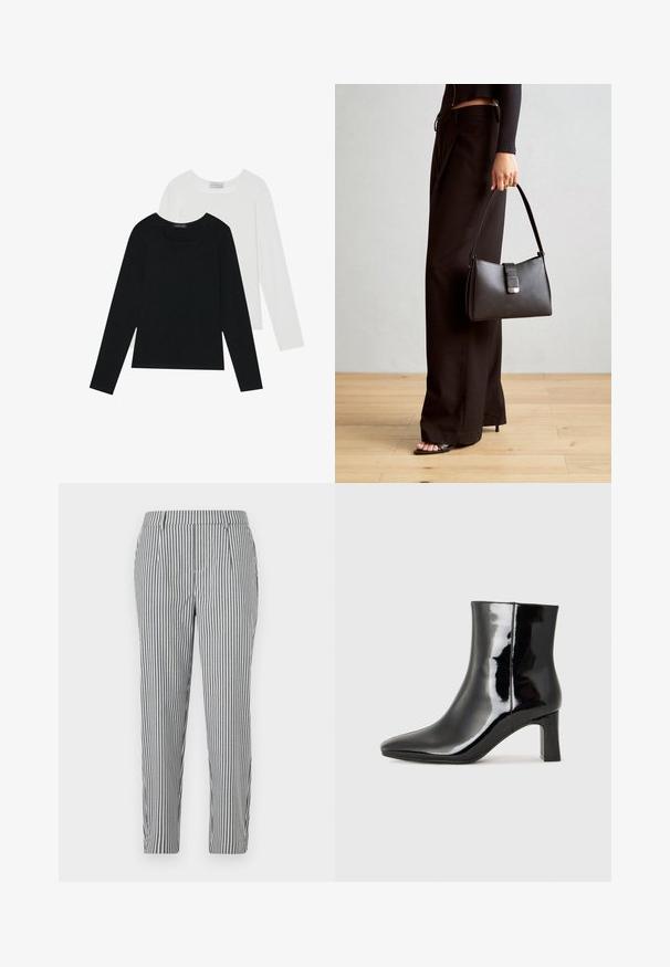 Divi ilgiem piedurknēm tops, viens melns un otrs balts, abiem ir kvadrāta izgriezums un tie ir izgatavoti no mīksta, elastīga auduma.; Pelēkā un baltā svītrojums bikses ar pielāgotu formu, krokām un gludu auduma apdari. Nav redzamu kabatu vai rotājumu.; Melnas patentētas ādas potīšu zābaki ar norādītu pirkstu un vidēja augstuma kvadrātveida papēdi. Gluda tekstūra un minimālisma dizains.; Melnā somiņa ar strukturētu formu, gludu tekstūru un metālu sprādzi. Saskaņota ar platām melnām biksēm un sandālēm ar atvērtu purngalu uz koka grīdas.