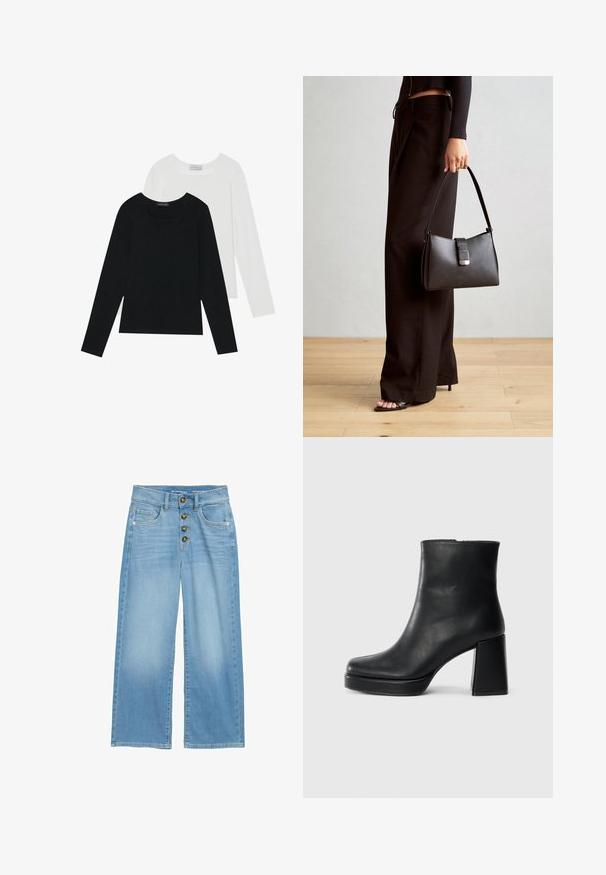 Dos camisetas de manga larga, una negra y otra blanca, ambas con escote cuadrado y confeccionadas en un tejido suave y elástico.; Jeans de pierna ancha en azul claro, confeccionados en denim, con una cinturilla alta, cierre frontal de cinco botones y dos bolsillos frontales. Textura suave en toda su superficie.; Botín de cuero negro con tacón cuadrado y suela de plataforma, visto de lado sobre un fondo blanco liso.; Bolso negro con forma estructurada, textura suave y un cierre metálico. Combinado con pantalones anchos negros y sandalias de dedo en un suelo de madera.