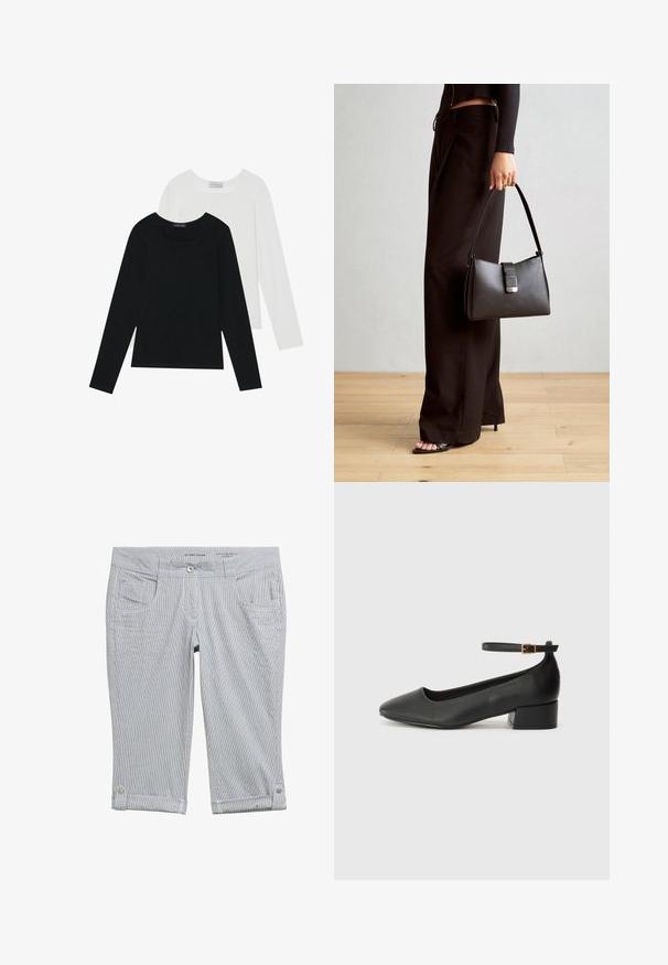 Två långärmade toppar, en svart och en vit, båda med fyrkantig halsringning och tillverkade av mjukt, stretchigt tyg.; Randiga capribyxor i ljusgrå och vit. Har en knäppning med knapp, fyra fickor och uppvikta fållar med knappar som accent. Mjuk tygtextur.; Svart läderpump med spetsig tå och en låg klack. Har en ankelsnodd med en guldtonad spänne. Slät textur.; Svart handväska med strukturerad form, slät yta och metallspänne. Matchad med vida svarta byxor och sandaler med öppen tå på trägolv.