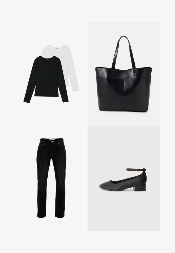 Dos camisetas de manga larga, una negra y otra blanca, ambas con escote cuadrado y confeccionadas en un tejido suave y elástico.; Jeans de mezclilla negra con corte recto, que cuentan con cinco bolsillos, cierre de botón y cremallera, y detalles sutiles de costura.; Zapato de tacón negro de cuero con punta afilada y tacón bajo cuadrado. Presenta una correa para el tobillo con una hebilla en tono dorado. Textura suave.; Bolso tote de cuero negro con dos asas largas, textura suave y forma estructurada. Cuenta con un bolsillo frontal para almacenamiento adicional.