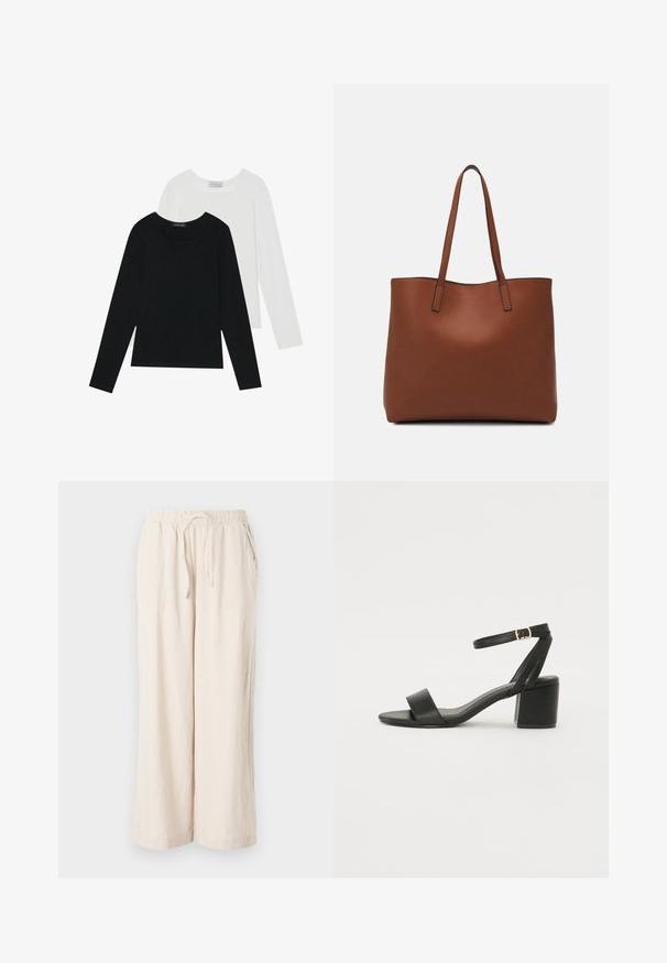 Two long-sleeve tops, one black and one white, both featuring a square neckline and made from soft, stretchy fabric.; Beige linen wide-leg pants with an elastic waistband and front pockets. Smooth texture, lightweight fabric, ankle-length design.; Black heeled sandal featuring a smooth leather upper, an open toe, wide front straps, and adjustable ankle strap with a gold buckle detail.; Brown leather tote bag with a smooth texture, open top design, and two shoulder straps. Features minimal stitching and no visible hardware.