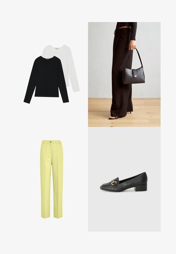 Kaks pikka varrukatoppi, üks must ja teine valge, mõlemad ruudukujulise kaelusega ja valmistatud pehmest, venivast kangast.; Heledad kollased laiade säärestega püksid, mis on valmistatud siledast kangast, omavad ühte nuppe sulgemist ja lamedat esiosa.; Mustad nahast loafers madala kontsaga, millel on esiküljel dekoratiivne kuldne detalj ja sile tekstuur.; Must musta kott, millel on struktureeritud kuju, sile tekstuur ja metallist klamber. Kombineeritud laiate mustade pükstega ja avatud varvaste sandaalidega puidust põrandal.