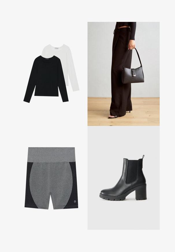 Dva dugo rukava, jedan crni i jedan bijeli, oba s kvadratnim izrezom i izrađeni od mekane, rastezljive tkanine.; Sive atletske kratke hlače sa širokim elastičnim pojasom. Imaju teksturiran crni bočni panel i logo u donjem desnom kutu. Glatki materijal.; Crne kožne gležnjače s elastičnim bočnim panelima, masivnim gumenim potplatom i visokom blok petom. Imaju ručku na stražnjem dijelu.; Crna torba s oblikom koji sadrži strukturu, glađu teksturu i metalnu kopču. Uparena s širokim crnim hlačama i sandalama na otvorenom s drvenog poda.