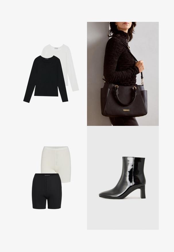 Du suknelės su ilgomis rankovėmis, viena juoda ir viena balta, abi su kvadratiniu iškirpimu ir pagamintos iš minkštos, elastingos medžiagos.; Juodi ir balti tamprūs audiniai šortai be siūlių dizaino, su elastinga juosmeniu ir lygiu paviršiumi.; Juodos lakuotos odinės aulinukės su smailiu pirštu ir vidutinio aukščio blokuotu kulnu. Lygus paviršius ir minimalistinis dizainas.; Juodas rankinės maišelis su struktūrizuota paviršiumi, dvigubais viršutiniais rankenėlėmis ir reguliuojamu peties diržu. Įrengtas aukso spalvos furnitūra ir šoninės kišenės.