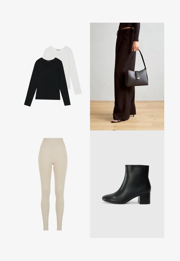 To lange skjorter med lange ærmer, en sort og en hvid, begge med firkantet halsudskæring og lavet af blødt, strækbart stof.; Beige leggings lavet af strækbart stof med en høj talje; glat tekstur, tætsiddende silhuet, ingen synlige mønstre eller hardware detaljer.; Sorte læder ankelstøvler med spids tå og en kraftig hæl. Glat tekstur med minimale detaljer og et slankt, tætsiddende design.; Sort håndtaske med struktureret form, glat overflade og metalspænde. Sammen med brede sorte bukser og sandaler med åben tå på trægulv.