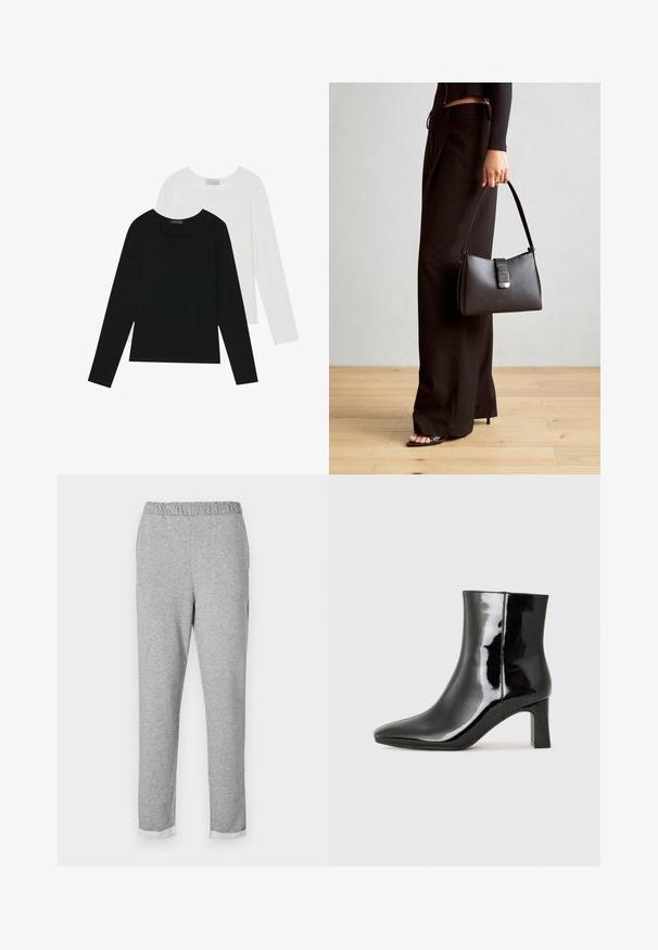 Two long-sleeve tops, one black and one white, both featuring a square neckline and made from soft, stretchy fabric.; Gray sweatpants with an elastic waistband, tapered leg design, and folded cuff at the hem. Soft texture without visible patterns or accents.; Black patent leather ankle boot with a pointed toe and a mid-height block heel. Smooth texture and minimalist design.; Black handbag with structured shape, smooth texture, and a metallic clasp. Paired with wide black pants and open-toe sandals on wooden floor.
