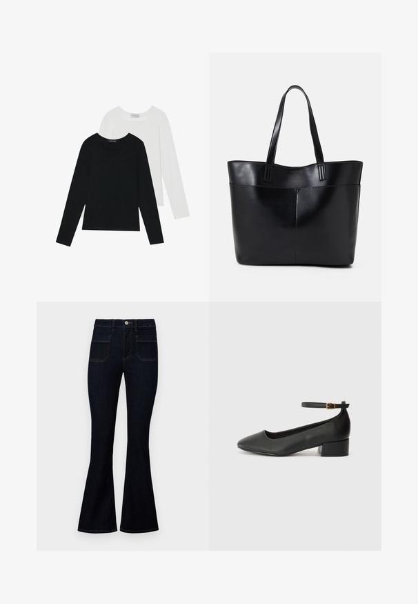 Kaks pikka varrukatoppi, üks must ja teine valge, mõlemad ruudukujulise kaelusega ja valmistatud pehmest, venivast kangast.; Tumed sinised laiad teksad kõrge vöökohaga, valmistatud denimist, kahe taga tasku ja kontrastõmblustega õmbluste ääres.; Must mustaapp, millel on terav nina ja madal blokk-kand. Omab pahkluu rihma koos kuldse tooni pandlaga. Sile tekstuur.; Must mustaga musta nahast, millel on kaks pikka kanda, sile tekstuur ja struktureeritud kuju. Esipoolsel on lisakoti jaoks tasku.