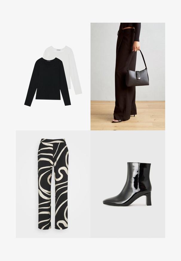 Dvě dlouhé rukávy, jedna černá a jedna bílá, obě s čtvercovým výstřihem a vyrobené z měkké a elastické látky.; Černé kalhoty s vysokým pasem, širokými nohavicemi a odvážným bílým abstraktním vzorem ve spirále. Vyrobené z hladkého, lehkého materiálu.; Černé lakované kotníkové boty s špičatou špičkou a středně vysokým blokovým podpatkem. Hladká textura a minimalistický design.; Černá kabelka se strukturovaným tvarem, hladkým povrchem a kovovým uzávěrem. Kombinována s širokými černými kalhotami a sandály s otevřenou špičkou na dřevěné podlaze.