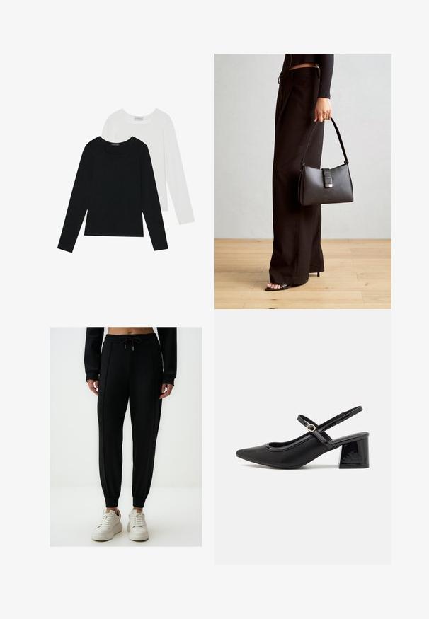 Twee shirts met lange mouwen, één zwart en één wit, beide met een vierkante halslijn en gemaakt van zacht, rekbaar materiaal.; Zwarte sportieve joggers met een geraffineerde tailleband, trekkoord, elastische boorden en dubbele zijpanelen, gemaakt van een gladde, rekbare stof.; Zwarte gepolijste leren slingback hakken met een spitse neus, een ronde uitsnede en een blokhak. Voorzien van een gouden gespaccent.; Zwarte handtas met gestructureerde vorm, gladde textuur en een metalen sluiting. Gecombineerd met brede zwarte broeken en sandalen met open teen op een houten vloer.