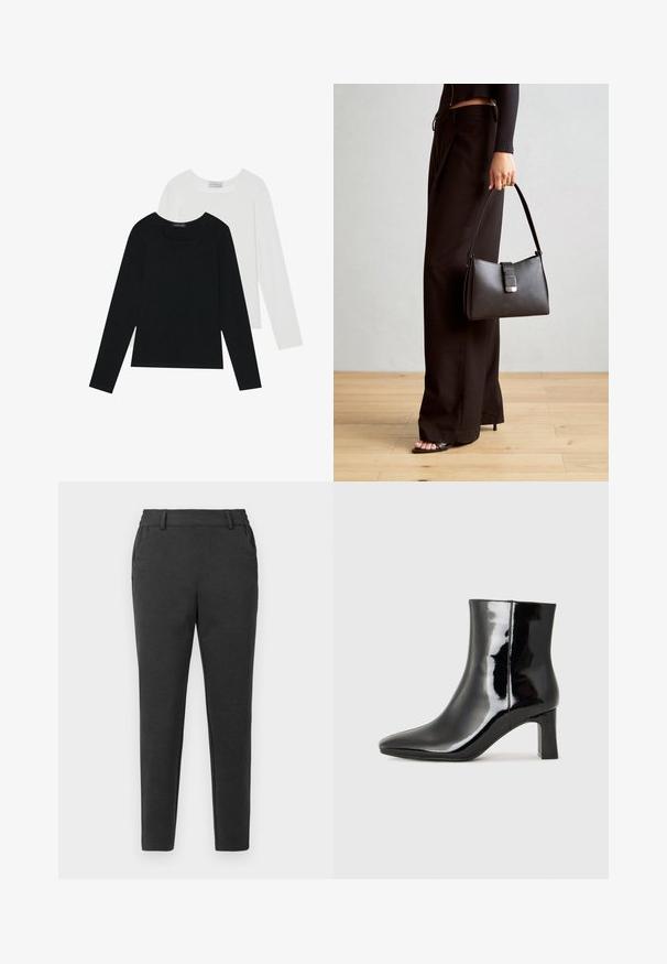Dvě dlouhé rukávy, jedna černá a jedna bílá, obě s čtvercovým výstřihem a vyrobené z měkké a elastické látky.; Tmavě šedé slim fit kalhoty s poutky na opasek, bočními kapsami a zúženým střihem na světlém pozadí.; Černé lakované kotníkové boty s špičatou špičkou a středně vysokým blokovým podpatkem. Hladká textura a minimalistický design.; Černá kabelka se strukturovaným tvarem, hladkým povrchem a kovovým uzávěrem. Kombinována s širokými černými kalhotami a sandály s otevřenou špičkou na dřevěné podlaze.