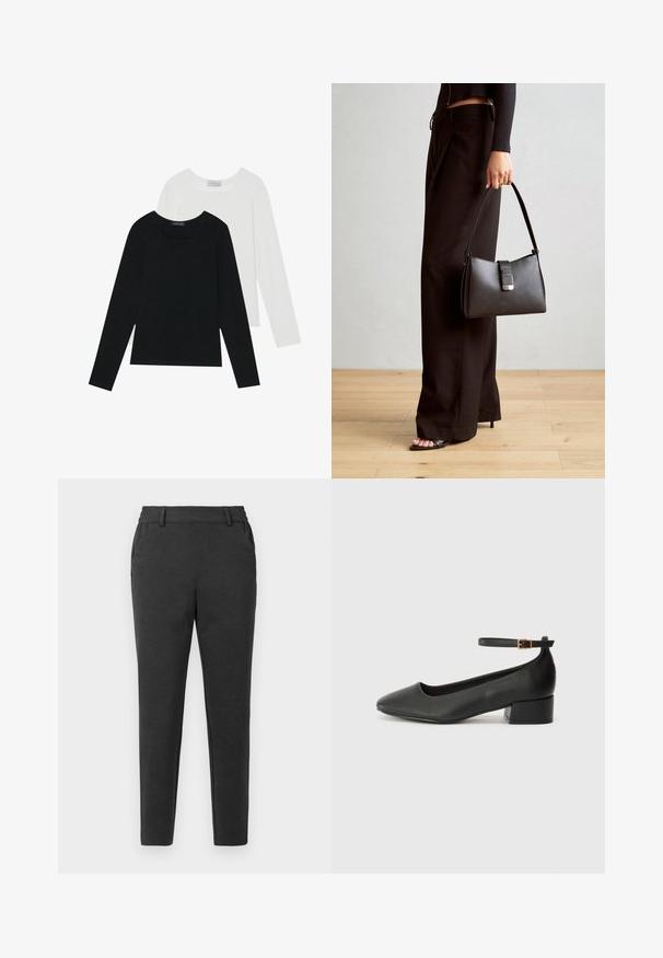 Deux tops à manches longues, un noir et un blanc, tous deux avec un décolleté carré et fabriqués en tissu doux et extensible.; Pantalons slim gris foncé avec passants de ceinture, poches latérales et une coupe fuselée, sur un fond uni clair.; Escarpin en cuir noir avec un bout pointu et un petit talon bloc. Doté d'une bride de cheville avec une boucle dorée. Texture lisse.; Sac à main noir à la forme structurée, texture lisse et fermoir métallique. Associé à un pantalon noir ample et des sandales ouvertes sur un sol en bois.