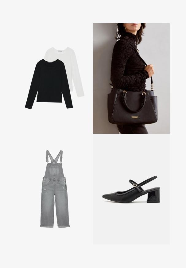 Kaksi pitkähihainen paitaa, yksi musta ja yksi valkoinen, molemmat neliönmallisella kaula-aukolla ja pehmeästä, joustavasta kankaasta valmistettu.; Harmaat farkkuhaalarit, joissa on säädettävät hihnat, etupussukka, sivupainikkeet ja kuluneet yksityiskohdat lahkeissa.; Musta lakattu nahka slingback-korkokengät, joissa on terävä kärki, pyöreä aukko-muotoilu ja lohkokorko. Varustettu kultasävyisellä solkiyksityiskohdalla.; Musta käsilaukku, jossa on teksturoitu pinta, kaksi yläkantta ja säädettävä olkahihna. Varustettu kultasävyisillä varusteilla ja sivutaskuilla.