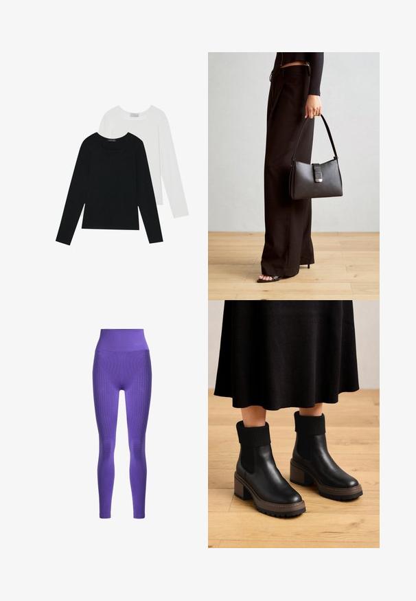 Zwei Langarmoberteile, eines schwarz und eines weiß, beide mit einem quadratischen Ausschnitt und aus weichem, dehnbarem Stoff.; Lila Hochtaillleggings mit strukturierten Strickpaneelen, glatter Oberfläche und gerippten Akzenten an der Taille und am Knöchel.; Schwarze Leder-Stiefeletten mit gerippten Stoffbündchen, klobigem braunem Absatz und strukturiertem Sohlen. Glatte Oberfläche mit elastischen Seitenpaneelen.; Schwarze Handtasche mit strukturierter Form, glatter Textur und einem metallischen Verschluss. Kombiniert mit weiten schwarzen Hosen und offenen Sandalen auf einem Holzboden.
