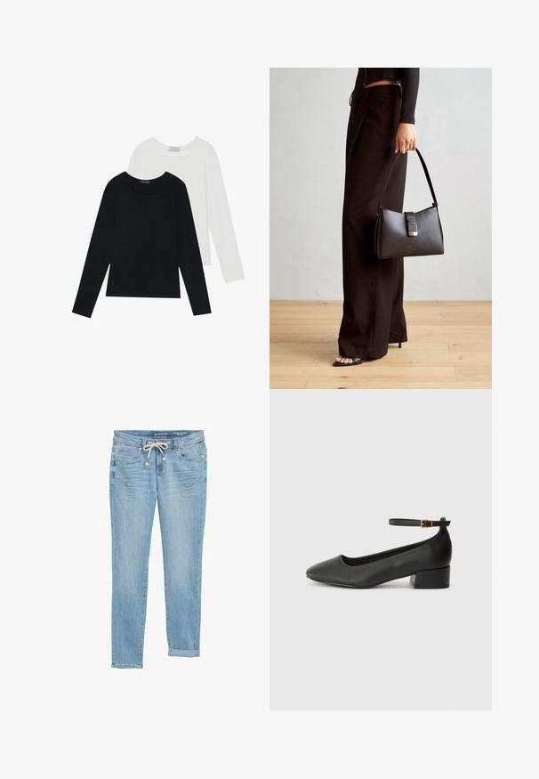 Du suknelės su ilgomis rankovėmis, viena juoda ir viena balta, abi su kvadratiniu iškirpimu ir pagamintos iš minkštos, elastingos medžiagos.; Šviesiai mėlyni džinsai su tiesiu kirpimu, elastinga raištelio juosta, sukamučiais apačioje ir priekinėmis kišenėmis. Sukurta su subtiliu blukimu.; Juodas odinis aukštakulnis batelis su smailiu pirštu ir žemu bloku. Su kulkšnies dirželiu su auksinės spalvos sagtimi. Lygus paviršius.; Juodas rankinė struktūrizuota forma, lygi tekstūra ir metalinis užsegimas. Suporuota su plačiomis juodomis kelnėmis ir atvirais bateliais ant medinių grindų.