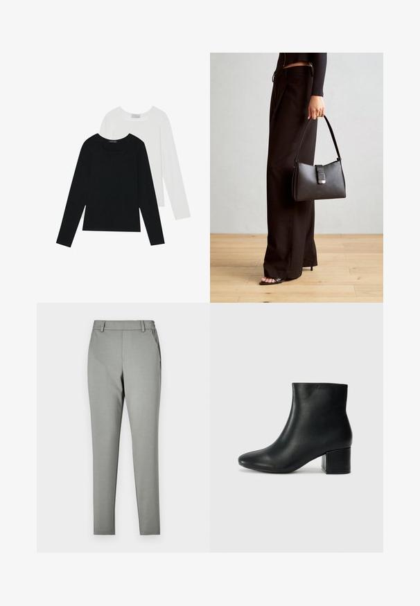 Dva dugo rukava, jedan crni i jedan bijeli, oba s kvadratnim izrezom i izrađeni od mekane, rastezljive tkanine.; Svijetlosive hlače uskog kroja, izrađene od glatke tkanine. Imaju pojas s petljama za remen i bočne džepove, dizajn suženih nogavica.; Crne kožne čizme do članaka s uskim vrhom i debelim potplatom. Glatka tekstura s minimalnim detaljima i elegantan, prilagođen dizajn.; Crna torba s oblikom koji sadrži strukturu, glađu teksturu i metalnu kopču. Uparena s širokim crnim hlačama i sandalama na otvorenom s drvenog poda.