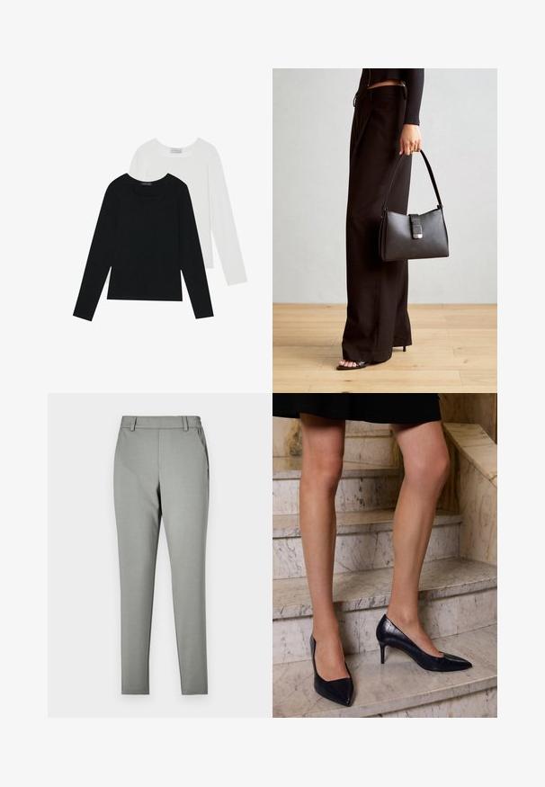 Dwie bluzki z długim rękawem, jedna czarna i jedna biała, obie z kwadratowym dekoltem i wykonane z miękkiego, elastycznego materiału.; Jasnoszare spodnie o dopasowanym kroju, wykonane z gładkiego materiału. Posiadają pas z szlufkami na pasek oraz boczne kieszenie, zwężający się krój nogawek.; Granatowe szpilki z opadającym czubkiem, z gładkim i teksturowanym wykończeniem przypominającym skórę krokodyla.; Czarna torebka o usztywnionym kształcie, gładkiej fakturze i metalowym zapięciem. Połączona z szerokimi czarnymi spodniami i sandałami na otwartym palcu na drewnianej podłodze.