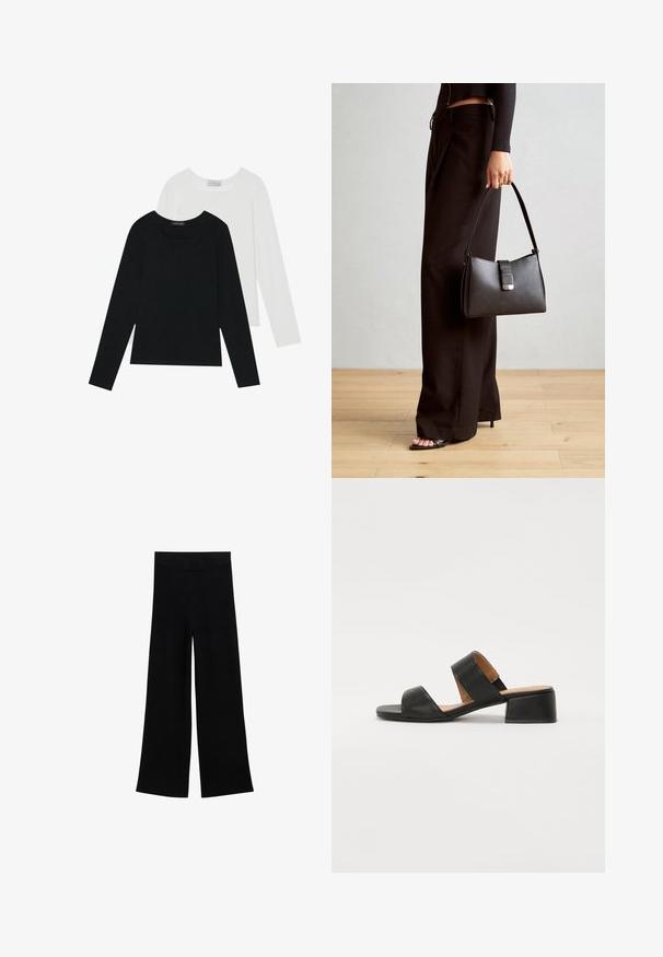 Dos camisetas de manga larga, una negra y otra blanca, ambas con escote cuadrado y confeccionadas en un tejido suave y elástico.; Pantalones de pierna ancha negros, con una cintura alta, textura suave y líneas limpias, con un corte de largo completo y sin patrones o acentos visibles.; Sandalia de cuero negra con dos correas anchas que cruzan el pie, punta cuadrada y tacón bajo en bloque. Textura suave y diseño minimalista.; Bolso negro con forma estructurada, textura suave y un cierre metálico. Combinado con pantalones anchos negros y sandalias de dedo en un suelo de madera.