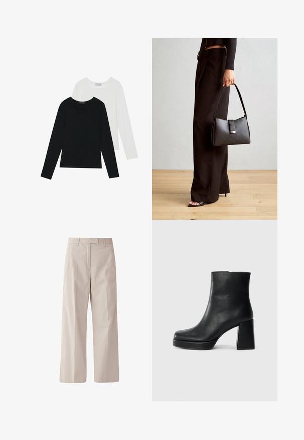 Zwei Langarmoberteile, eines schwarz und eines weiß, beide mit einem quadratischen Ausschnitt und aus weichem, dehnbarem Stoff.; s.Oliver BLACK LABEL Stoffhose - helles beige; Schwarze Leder-Stiefelette mit Blockabsatz und Plattformsohle, seitlich auf einem schlichten weißen Hintergrund betrachtet.; Schwarze Handtasche mit strukturierter Form, glatter Textur und einem metallischen Verschluss. Kombiniert mit weiten schwarzen Hosen und offenen Sandalen auf einem Holzboden.