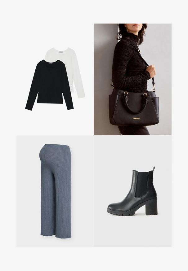 Two long-sleeve tops, one black and one white, both featuring a square neckline and made from soft, stretchy fabric.; Ribbed wide-leg pants in soft blue fabric, featuring an elastic waistband and a flowing silhouette, visibly textured throughout.; Black leather ankle boot with elastic side panels, chunky rubber sole, and a high block heel. Features a pull tab on the back.; Black handbag with textured surface, dual top handles, and adjustable shoulder strap. Features gold-tone hardware and side pockets.