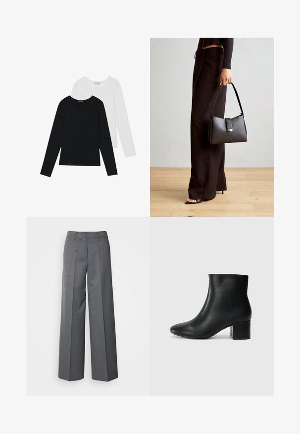 Dvě dlouhé rukávy, jedna černá a jedna bílá, obě s čtvercovým výstřihem a vyrobené z měkké a elastické látky.; Marc O'Polo PANTS MODERN SUITING STYLE WIDE LEG - Kalhoty - medium stone melange; Černé kožené kotníkové boty s špičatou špičkou a robustním podpatkem. Hladký povrch s minimálními akcenty a elegantním, přiléhavým designem.; Černá kabelka se strukturovaným tvarem, hladkým povrchem a kovovým uzávěrem. Kombinována s širokými černými kalhotami a sandály s otevřenou špičkou na dřevěné podlaze.
