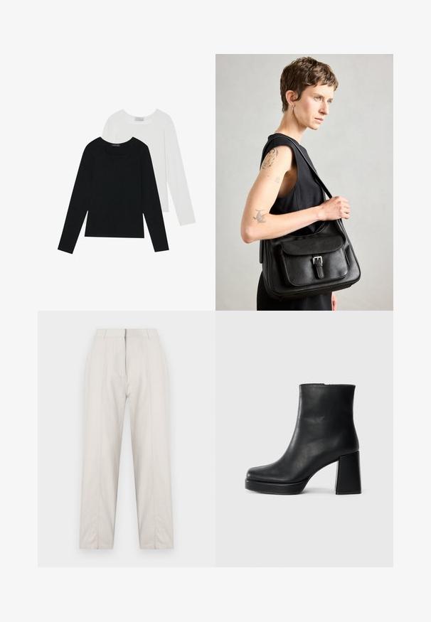 Two long-sleeve tops, one black and one white, both featuring a square neckline and made from soft, stretchy fabric.; Cream-colored trousers with a straight-leg design, featuring front crease details, two side pockets, and a mid-rise waistband.; Black leather ankle boot with a block heel and platform sole, viewed from the side on a plain white background.; Black leather shoulder bag with a front flap, buckle detail, and a smooth texture. Features a single shoulder strap and a minimalist design.