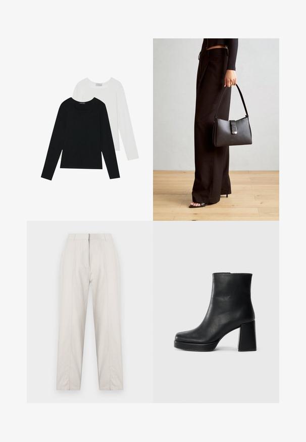 Dva dolga rokava, en črn in en bel, oba z kvadratnim izrezom in narejena iz mehkega, raztegljivega materiala.; Hlače krem barve s ravno obliko nogavic, ki vključujejo zadrgo spredaj, dve stranski žepi in pas s srednjo višino.; Črne usnjene gležnjarje z blok peto in platformo, prikazane s strani na enobarvni beli podlagi.; Črna torbica z strukturirano obliko, gladko teksturo in kovinskim zaponko. Ujemajo se z širokimi črnimi hlačami in odprtimi sandali na lesenem tleh.