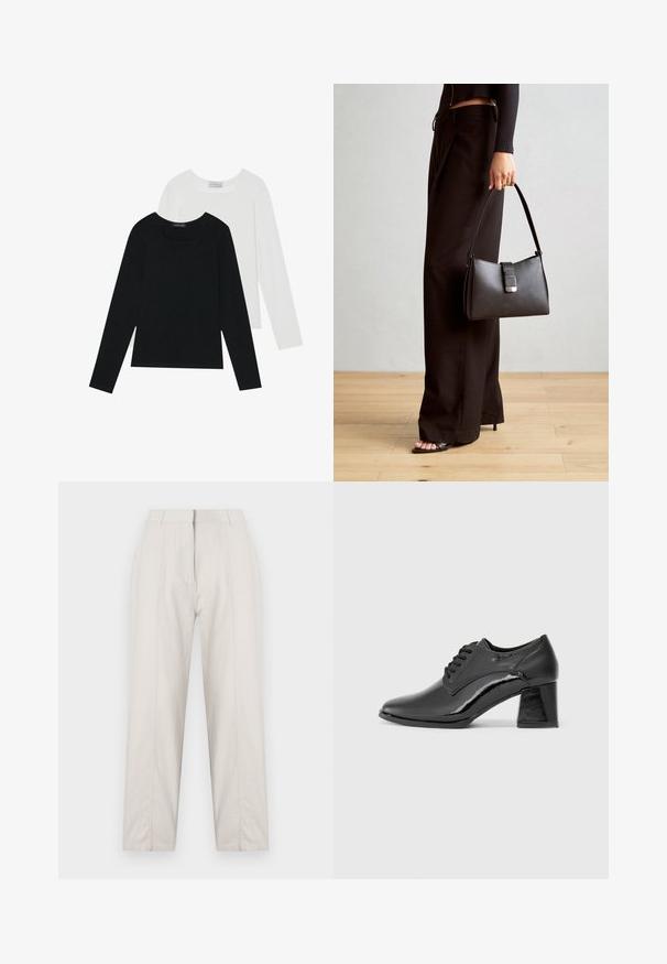 Két hosszú ujjú felső, az egyik fekete, a másik fehér, mindkettő négyzet alakú nyakkivágással rendelkezik, és puha, rugalmas anyagból készült.; Krém színű nadrág egyenes szárú dizájnnal, elülső hajtás részletekkel, két oldalsó zsebbel és közepes magasságú derékkal.; Fekete lakkbőr cipők lekerekített orral, fűzős kialakítással és vastag, téglalap alakú sarokkal. Simító textúrájú, fényes felülettel.; Fekete kézi táska strukturált formával, sima textúrával és fémből készült záródással. Széles fekete nadrággal és nyitott orrú szandállal párosítva, fából készült padlón.