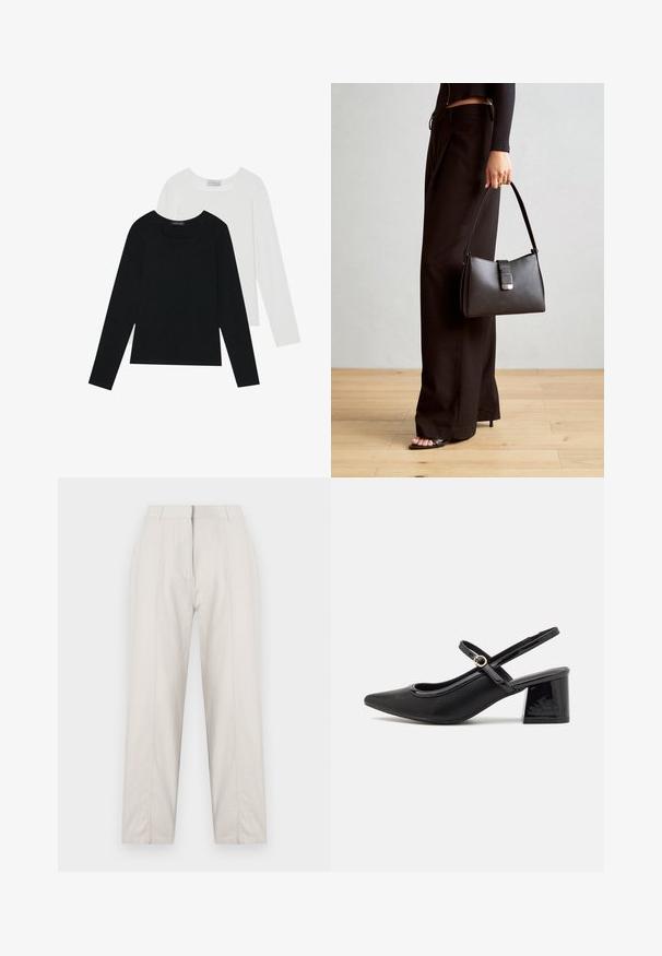 Két hosszú ujjú felső, az egyik fekete, a másik fehér, mindkettő négyzet alakú nyakkivágással rendelkezik, és puha, rugalmas anyagból készült.; Krém színű nadrág egyenes szárú dizájnnal, elülső hajtás részletekkel, két oldalsó zsebbel és közepes magasságú derékkal.; Fekete lakk bőr, pántos magassarkú cipő, hegyes orral, lekerekített kivágással és tömbsarkal. Arany színű csat díszíti.; Fekete kézi táska strukturált formával, sima textúrával és fémből készült záródással. Széles fekete nadrággal és nyitott orrú szandállal párosítva, fából készült padlón.