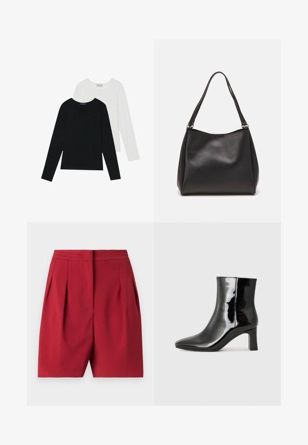Dos camisetas de manga larga, una negra y otra blanca, ambas con escote cuadrado y confeccionadas en un tejido suave y elástico.; Pantalones cortos ajustados rojos con plisados, hechos de un tejido suave. Presentan una cinturilla estructurada y líneas limpias, ofreciendo una silueta refinada.; Botín de charol negro con punta afilada y un tacón de bloque de altura media. Textura suave y diseño minimalista.; Bolso de mano de cuero sintético negro con una textura suave, forma de hobo y doble asa; presenta un acabado brillante y un diseño minimalista.