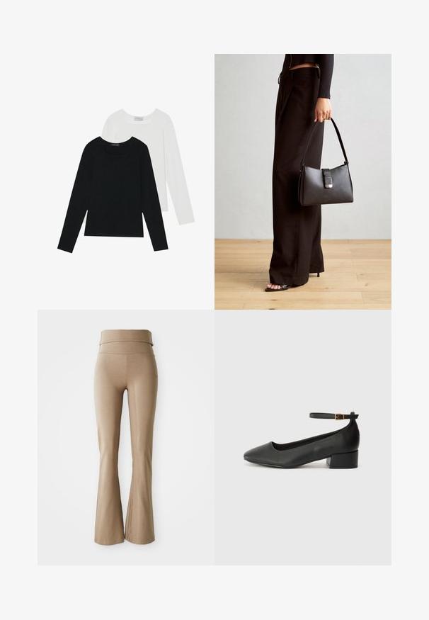 Két hosszú ujjú felső, az egyik fekete, a másik fehér, mindkettő négyzet alakú nyakkivágással rendelkezik, és puha, rugalmas anyagból készült.; Beige, trapéz formájú leggings rugalmas anyagból készült; széles, hajtható derékpánttal és diszkrét varrásrészletekkel rendelkezik. Sima tapintású, testhez álló kialakítás.; Fekete bőr magassarkú cipő hegyes orral és alacsony tömb sarkal. Bokapánttal rendelkezik, aranyszínű csattal. Simább textúra.; Fekete kézi táska strukturált formával, sima textúrával és fémből készült záródással. Széles fekete nadrággal és nyitott orrú szandállal párosítva, fából készült padlón.