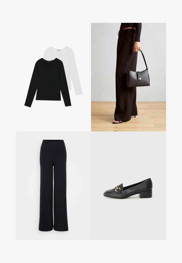 Dva dugo rukava, jedan crni i jedan bijeli, oba s kvadratnim izrezom i izrađeni od mekane, rastezljive tkanine.; Crne rebraste široke hlače s teksturiranim završetkom i elastičnim pojasom, s opuštenim krojem i bez vidljivih dijelova.; Crne kožne mokasine s ravnim potplatom, s dekorativnim zlatnim detaljem sprijeda i glatkom teksturom.; Crna torba s oblikom koji sadrži strukturu, glađu teksturu i metalnu kopču. Uparena s širokim crnim hlačama i sandalama na otvorenom s drvenog poda.