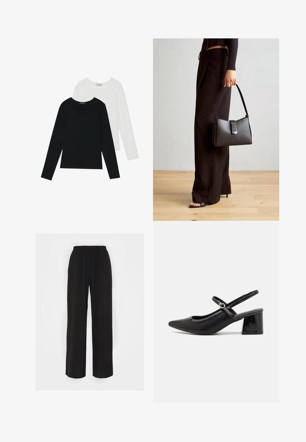 Zwei Langarmoberteile, eines schwarz und eines weiß, beide mit einem quadratischen Ausschnitt und aus weichem, dehnbarem Stoff.; Schwarze weit geschnittene Hose mit elastischem Bund, aus einem strukturierten Stoff und in lockerer Passform. Designed für Komfort und Bewegungsfreiheit.; Schwarze Lackleder-Slingback-Absätze mit spitzer Zehenform, einem runden Ausschnitt-Design und einem Blockabsatz. Mit einem goldfarbenen Schnallenakzent.; Schwarze Handtasche mit strukturierter Form, glatter Textur und einem metallischen Verschluss. Kombiniert mit weiten schwarzen Hosen und offenen Sandalen auf einem Holzboden.