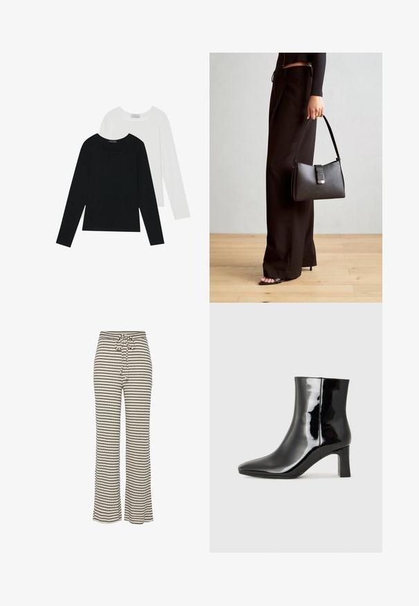 Dva dugo rukava, jedan crni i jedan bijeli, oba s kvadratnim izrezom i izrađeni od mekane, rastezljive tkanine.; Prugaste, široke hlače u krem i crnoj boji. Mekana, teksturirana tkanina s remenom za podešavanje u struku i opuštenim krojem.; Crne lakirane kožne gležnjače s šiljastim prstom i srednje visokom blok petom. Glatka tekstura i minimalistički dizajn.; Crna torba s oblikom koji sadrži strukturu, glađu teksturu i metalnu kopču. Uparena s širokim crnim hlačama i sandalama na otvorenom s drvenog poda.