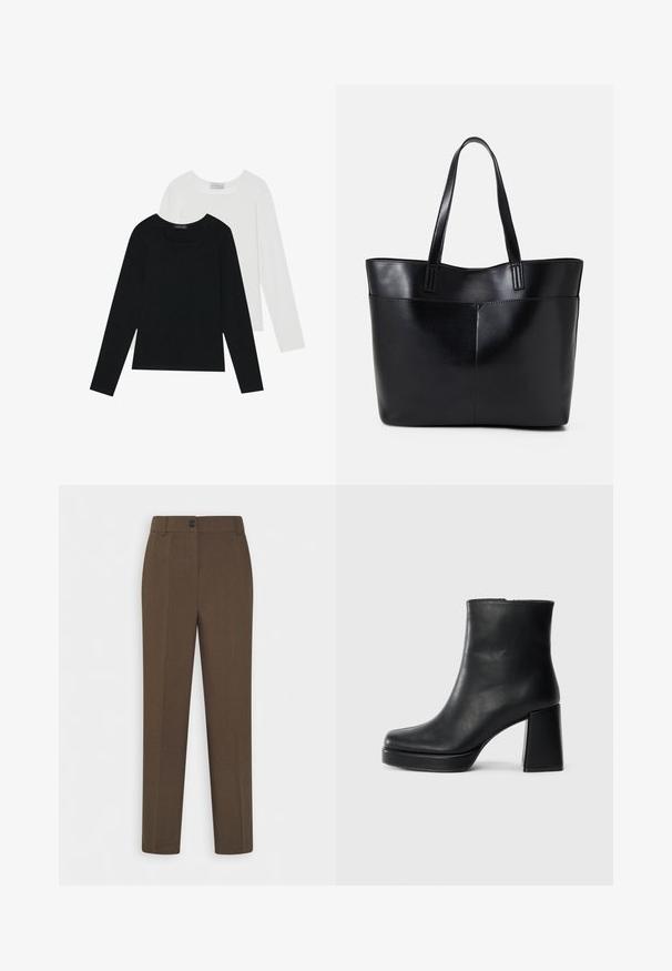 Dvě dlouhé rukávy, jedna černá a jedna bílá, obě s čtvercovým výstřihem a vyrobené z měkké a elastické látky.; Hnědé kalhoty rovného střihu s poutky na opasek a jedním předním knoflíkem, vystavené na bílém pozadí.; Černý kožený kotníkový bot s blokovým podpatkem a platformou, viděný z boku na jednoduchém bílém pozadí.; Černá kožená taška s dlouhými ušima, hladkým povrchem a strukturovaným tvarem. Obsahuje přední kapsu pro další úložný prostor.