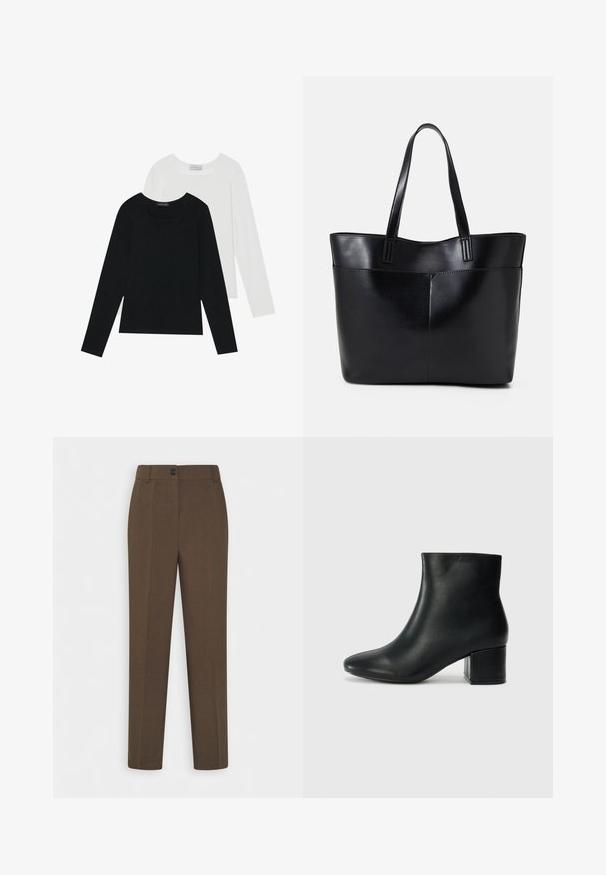 Două bluze cu mânecă lungă, una neagră și una albă, ambele având un guler pătrat și fiind confecționate dintr-un material moale și elastic.; Pantaloni maro cu picior drept, cu bucle pentru curea și un singur buton frontal, expuși pe un fundal alb.; Cizme negre din piele până la gleznă, cu vârf ascuțit și toc robust. Textură netedă, cu accente minime și un design elegant, ajustat.; Geantă oversized din piele neagră, cu două mânere lungi, de textură netedă și formă structurată. Are un buzunar frontal pentru stocare suplimentară.
