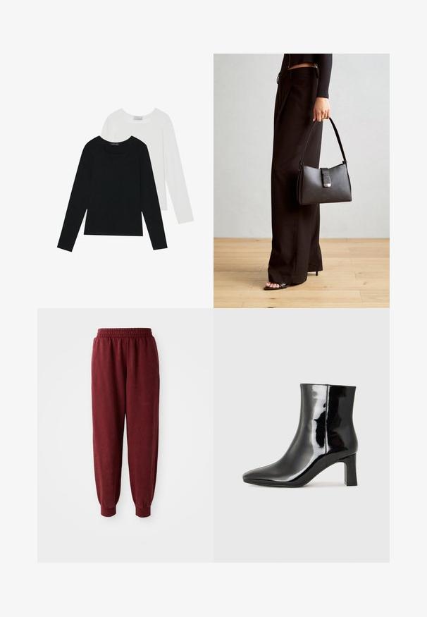 Kaksi pitkähihainen paitaa, yksi musta ja yksi valkoinen, molemmat neliönmallisella kaula-aukolla ja pehmeästä, joustavasta kankaasta valmistettu.; Burgundinväriset sweatsit, joissa on elastinen vyötärö ja elastiset hihnat. Silkkinen pinta ja rento malli. Ei näkyviä kuvioita tai metalliosia.; Musta patenttilakattu nilkkuri, jossa on terävä kärki ja keskipitkä lohkarekorko. Silkkinen pinta ja minimalistinen muotoilu.; Musta käsilaukku, jossa on rakenteellinen muoto, sileä pinta ja metallinen solki. Yhdistetty leveisiin mustiin housuihin ja avonaiheisiin sandaaleihin puulattialla.