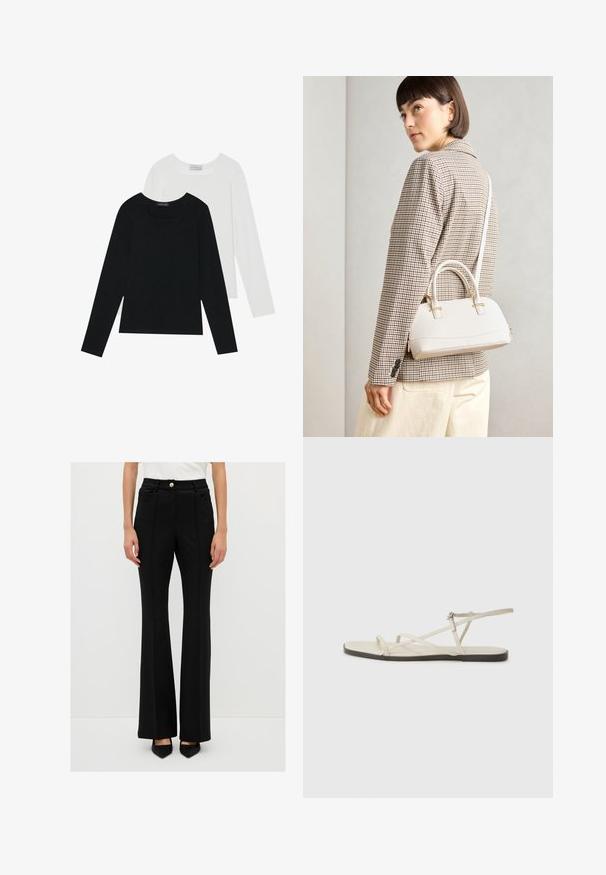 Twee shirts met lange mouwen, één zwart en één wit, beide met een vierkante halslijn en gemaakt van zacht, rekbaar materiaal.; Zwarte flared broeken van zachte stof, met een knoopsluiting, twee steekzakken aan de voorkant en getailleerde naden voor een aansluitende uitstraling.; Beige platte sandaal met meerdere slanke bandjes en een verstelbare gesp. De zool is plat met een lichte donkere contrastering aan de rand.; Witte gestructureerde handtas met korte handvatten en een schouderband, voorzien van gouden hardwareaccenten en een textuurmateriaal, tentoongesteld tegen een grijze achtergrond.