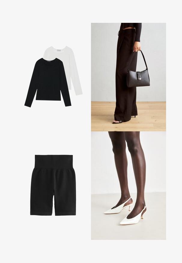 Dwie bluzki z długim rękawem, jedna czarna i jedna biała, obie z kwadratowym dekoltem i wykonane z miękkiego, elastycznego materiału.; Czarne szorty prążkowane z szerokim elastycznym pasem, gładką teksturą i dopasowanym krojem. Materiał jest elastyczny, co zapewnia swobodę ruchów.; Białe lakierowane szpilki typu slingback z ostrym noskiem, smukłym obcasem i otwartymi bokami; gładka faktura i minimalistyczny design.; Czarna torebka o usztywnionym kształcie, gładkiej fakturze i metalowym zapięciem. Połączona z szerokimi czarnymi spodniami i sandałami na otwartym palcu na drewnianej podłodze.
