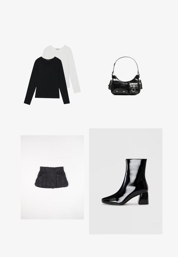 Két hosszú ujjú felső, az egyik fekete, a másik fehér, mindkettő négyzet alakú nyakkivágással rendelkezik, és puha, rugalmas anyagból készült.; Fekete farmer mini szoknya két elülső zsebbel, oldalszíjakkal és illeszkedő derékrésszel. Simább textúrával és egyenes szegéllyel rendelkezik.; Fekete lakk bokacsizma hegyes orral és négyzetes blokk sarokkal. Simaság jellemzi, magas fényű felületével, díszítések nélkül.; Fekete lakkbőr kézitáska ívelt formával, egy vállpánttal, elülső zsebekkel és ezüstszínű fémrészletekkel.