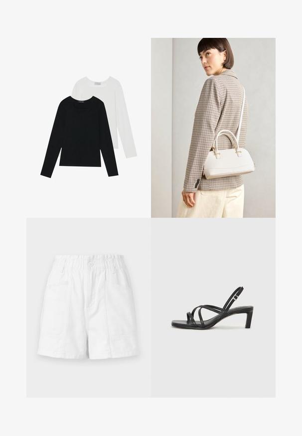 Dwie bluzki z długim rękawem, jedna czarna i jedna biała, obie z kwadratowym dekoltem i wykonane z miękkiego, elastycznego materiału.; Białe bawełniane szorty z elastycznym pasem, z guzikiem z przodu, dwiema bocznymi kieszeniami i prostym, schludnym wzorem.; Czarne sandały na obcasie z prostokątnym noskiem i niskim słupkowym obcasem. Posiadają wiele cienkich pasków i regulowany pasek na kostkę. Wykonane z gładkiej skóry.; Biała torebka o strukturalnym kształcie z krótkimi uchwytami i paskiem na ramię, z złotymi akcentami i teksturowanym materiałem, prezentowana na szarym tle.