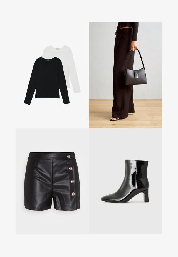 Divi ilgiem piedurknēm tops, viens melns un otrs balts, abiem ir kvadrāta izgriezums un tie ir izgatavoti no mīksta, elastīga auduma.; Melnas ādas šorti ar gludu tekstūru, ar četriem sudraba pogu akcentiem labajā pusē un divām priekšējām kabatām.; Melnas patentētas ādas potīšu zābaki ar norādītu pirkstu un vidēja augstuma kvadrātveida papēdi. Gluda tekstūra un minimālisma dizains.; Melnā somiņa ar strukturētu formu, gludu tekstūru un metālu sprādzi. Saskaņota ar platām melnām biksēm un sandālēm ar atvērtu purngalu uz koka grīdas.