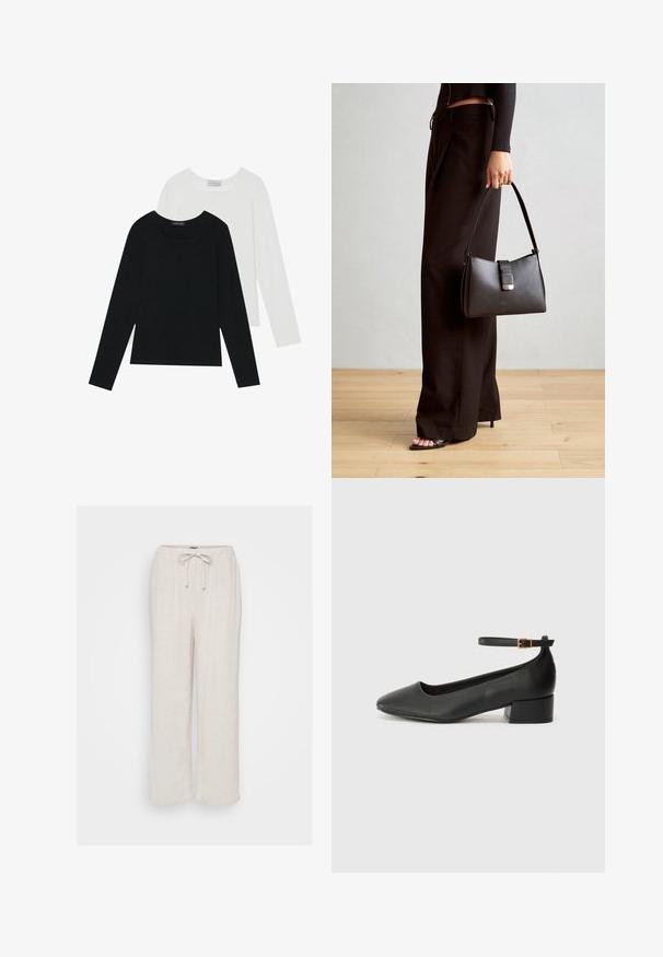 Zwei Langarmoberteile, eines schwarz und eines weiß, beide mit einem quadratischen Ausschnitt und aus weichem, dehnbarem Stoff.; Helle beige Leinenhosen mit entspannter Passform, elastischem Bund und verstellbarem Kordelzug. Sie verfügen über eine subtile Textur und weite Beine.; Schwarze Lederpumps mit spitzem Zehenbereich und niedrigem Blockabsatz. Mit einem Knöchelriemen und einer goldfarbenen Schnalle. Glatte Textur.; Schwarze Handtasche mit strukturierter Form, glatter Textur und einem metallischen Verschluss. Kombiniert mit weiten schwarzen Hosen und offenen Sandalen auf einem Holzboden.