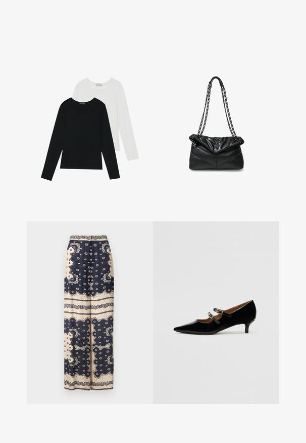 Divi ilgiem piedurknēm tops, viens melns un otrs balts, abiem ir kvadrāta izgriezums un tie ir izgatavoti no mīksta, elastīga auduma.; Garas, plašas bikses tumši zilā krāsā ar krēmkrāsas paisley rakstu; tām ir jostas lenta un dekoratīvie pogas priekšpusē. Gluda auduma tekstūra.; Melni patentētā ādas Mary Jane apavi ar izteiktu purngalu, divām regulējamām siksniņām ar sprādzi un zemu papēdi. Gluda tekstūra ar spīdīgu apdari.; Steve Madden BBELZ - Soma ar siksnu pāri ķermenim - black