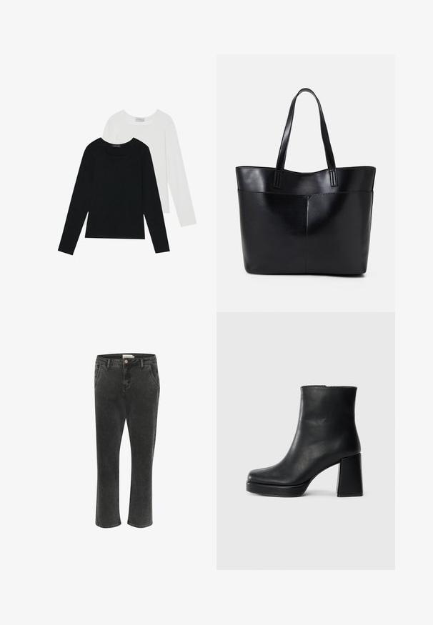 Dos camisetas de manga larga, una negra y otra blanca, ambas con escote cuadrado y confeccionadas en un tejido suave y elástico.; Pantalones cortos de mezclilla negra con un corte recto, que cuentan con bolsillos frontales, cierre de botón y una textura sutil. Diseñados para la versatilidad.; Botín de cuero negro con tacón cuadrado y suela de plataforma, visto de lado sobre un fondo blanco liso.; Bolso tote de cuero negro con dos asas largas, textura suave y forma estructurada. Cuenta con un bolsillo frontal para almacenamiento adicional.
