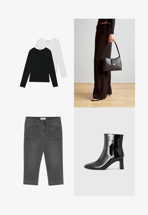Dos camisetas de manga larga, una negra y otra blanca, ambas con escote cuadrado y confeccionadas en un tejido suave y elástico.; Pantalones capri de mezclilla gris con un diseño ajustado, que cuentan con bolsillos frontales, cierre de botón y una textura ligeramente desgastada.; Botín de charol negro con punta afilada y un tacón de bloque de altura media. Textura suave y diseño minimalista.; Bolso negro con forma estructurada, textura suave y un cierre metálico. Combinado con pantalones anchos negros y sandalias de dedo en un suelo de madera.