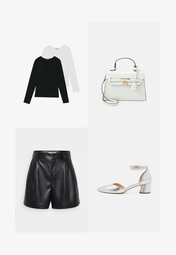 Two long-sleeve tops, one black and one white, both featuring a square neckline and made from soft, stretchy fabric.; Black leather shorts featuring a high waist, pleated front, and side pockets. Smooth texture with a polished finish.; Silver metallic pointed-toe low block heel shoe with ankle strap and buckle on white background.; White handbag with crocodile texture, gold hardware, top handle, and detachable shoulder strap; features a lock closure and a minimal design.