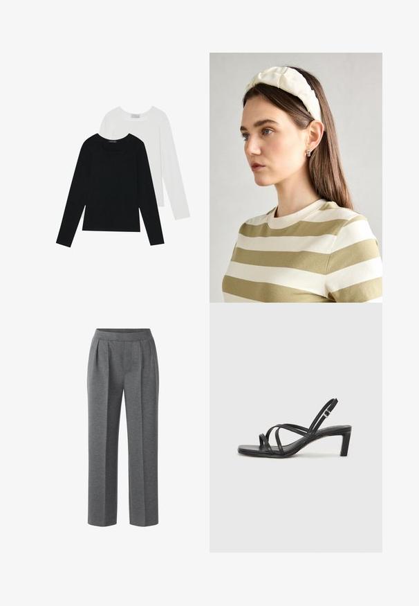 Dos camisetas de manga larga, una negra y otra blanca, ambas con escote cuadrado y confeccionadas en un tejido suave y elástico.; Pantalones grises con pliegues, fabricados en tejido suave. Cuentan con un frente plano y piernas anchas, proporcionando un ajuste relajado. Sin herrajes ni acentos visibles.; Sandalia negra de tiras con punta cuadrada y tacón bajo de bloque. Presenta múltiples tiras delgadas y una correa ajustable en el tobillo. Fabricada en cuero suave.; Diadema acolchada crema con diseño trenzado, acompañada de una camiseta de rayas beige y blanca con cuello redondo. Sutiles acentos de joyería.