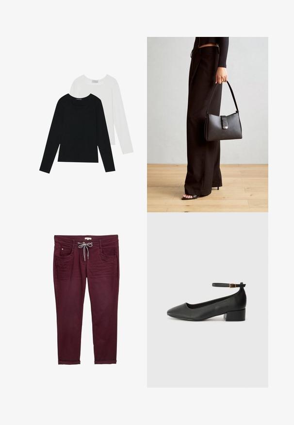 Dvě dlouhé rukávy, jedna černá a jedna bílá, obě s čtvercovým výstřihem a vyrobené z měkké a elastické látky.; Bordové kalhoty s elastickým pasem, předními kapsami a ohrnutými manžetami. Vyrobené z měkké tkaniny s hladkou texturou a jemnými švy.; Černé kožené lodičky s špičatou špičkou a nízkým blokovým podpatkem. Obsahují pásek kolem kotníku se zlatou sponou. Hladký povrch.; Černá kabelka se strukturovaným tvarem, hladkým povrchem a kovovým uzávěrem. Kombinována s širokými černými kalhotami a sandály s otevřenou špičkou na dřevěné podlaze.